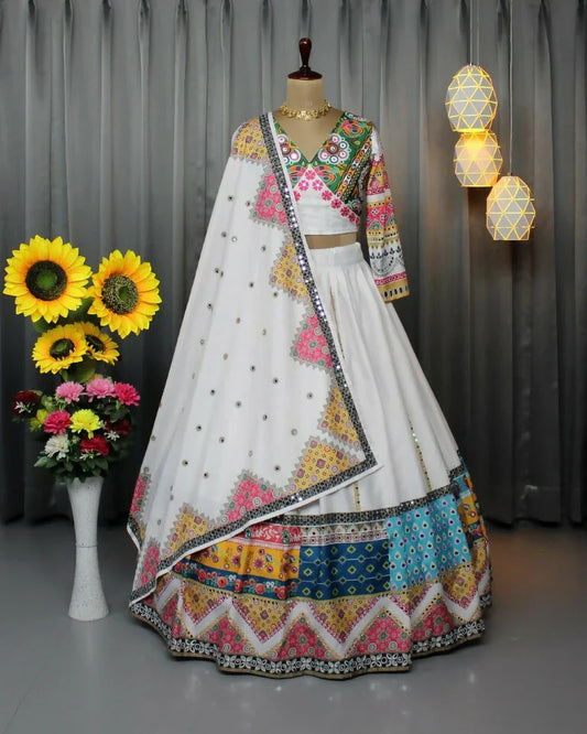 Soft Silk With Digital Print And Real Mirror Work Women Lehenga Choli - White - Free Size