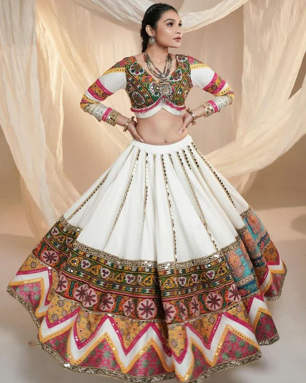 Soft Silk With Digital Print And Real Mirror Work Women Lehenga Choli - White - Free Size