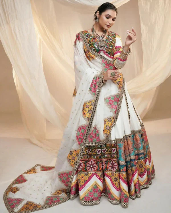 Soft Silk With Digital Print And Real Mirror Work Women Lehenga Choli - White - Free Size